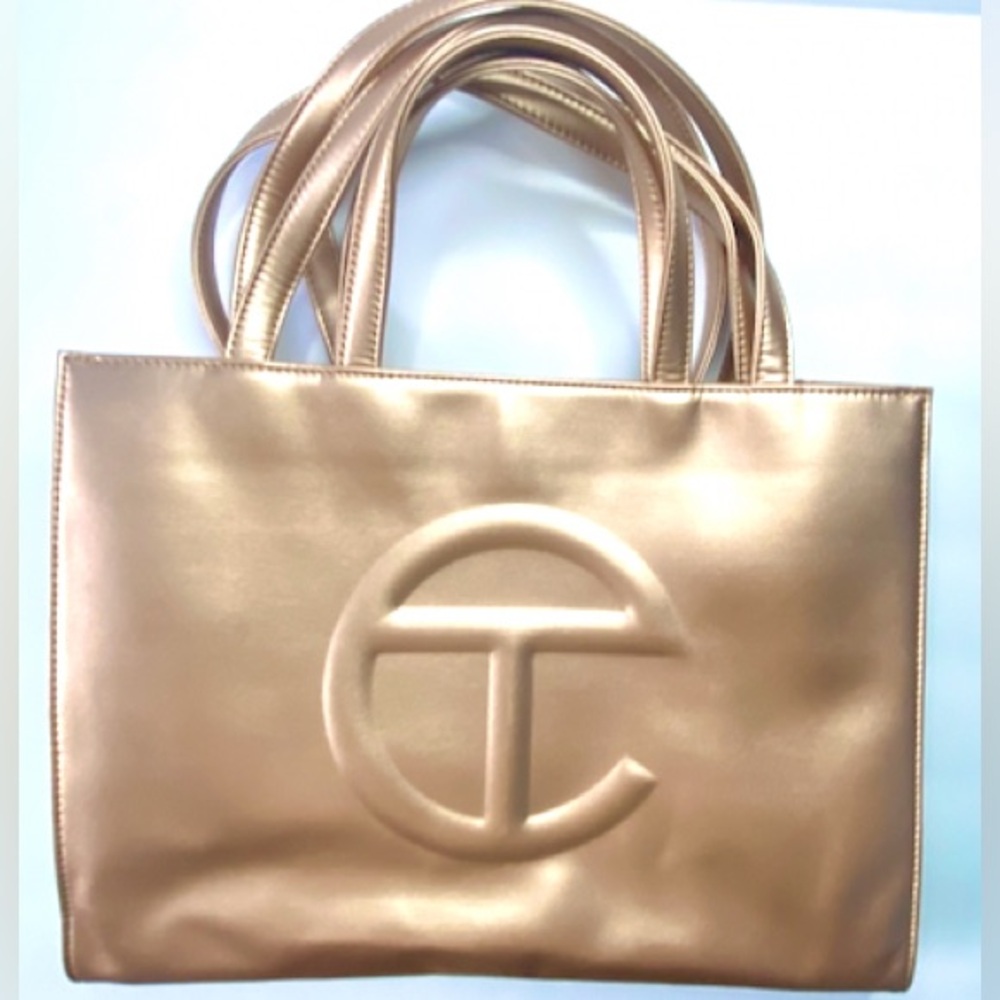 TELFAR NWOT Metallic Gold Tote Bag with Embossed Logo Medium 15x11x5 - Picture 4 of 10